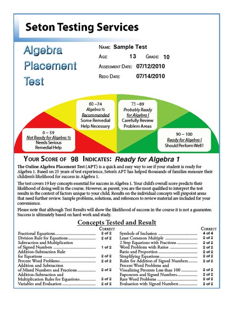 Algebra Placement Test - Seton Testing Services